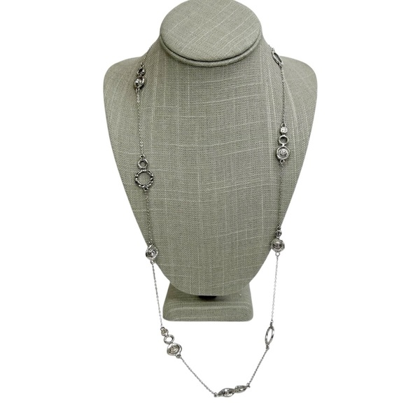 Silver Tone Textured Round Satellite Rhinestone Long Chain Necklace - Picture 2 of 10